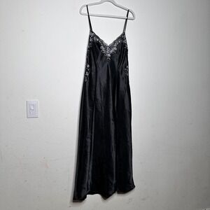 Fredericks of Hollywood Black Satin Lace Trim Nightgown Chemise Dress Whimsigoth